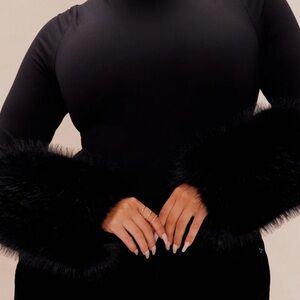 Fashion Nova Luxe Black Bodysuit with Fur Accents